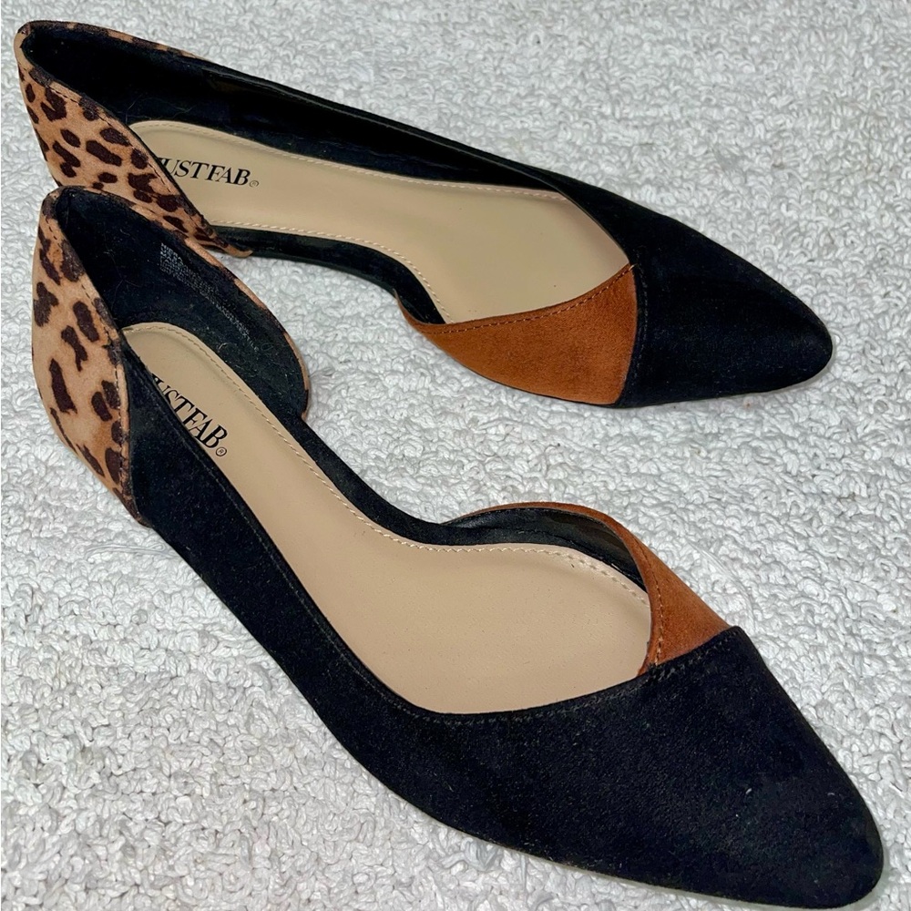 JustFab Black and Brown Flats with Leopard Print